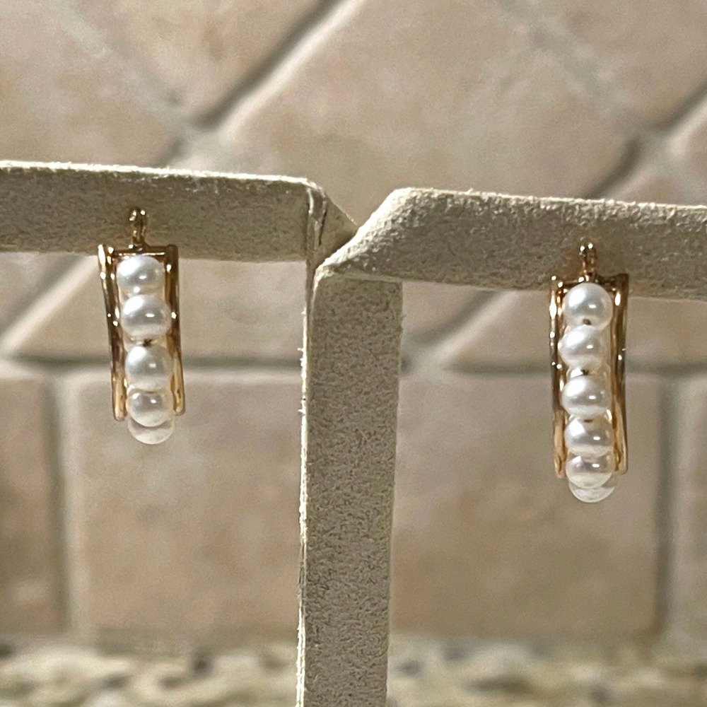 10K Yellow Gold Pearl Hoop Earrings .75" Estate Vintage 2g